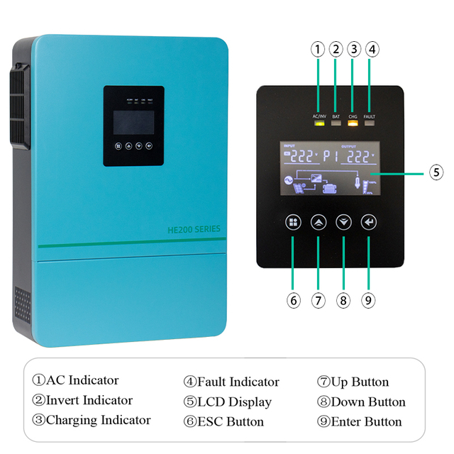 Hybrid Solar Inverter Grid Tied Inverter HE200-7200 Single phase 48Vdc 240Vac 6.2KW Blue